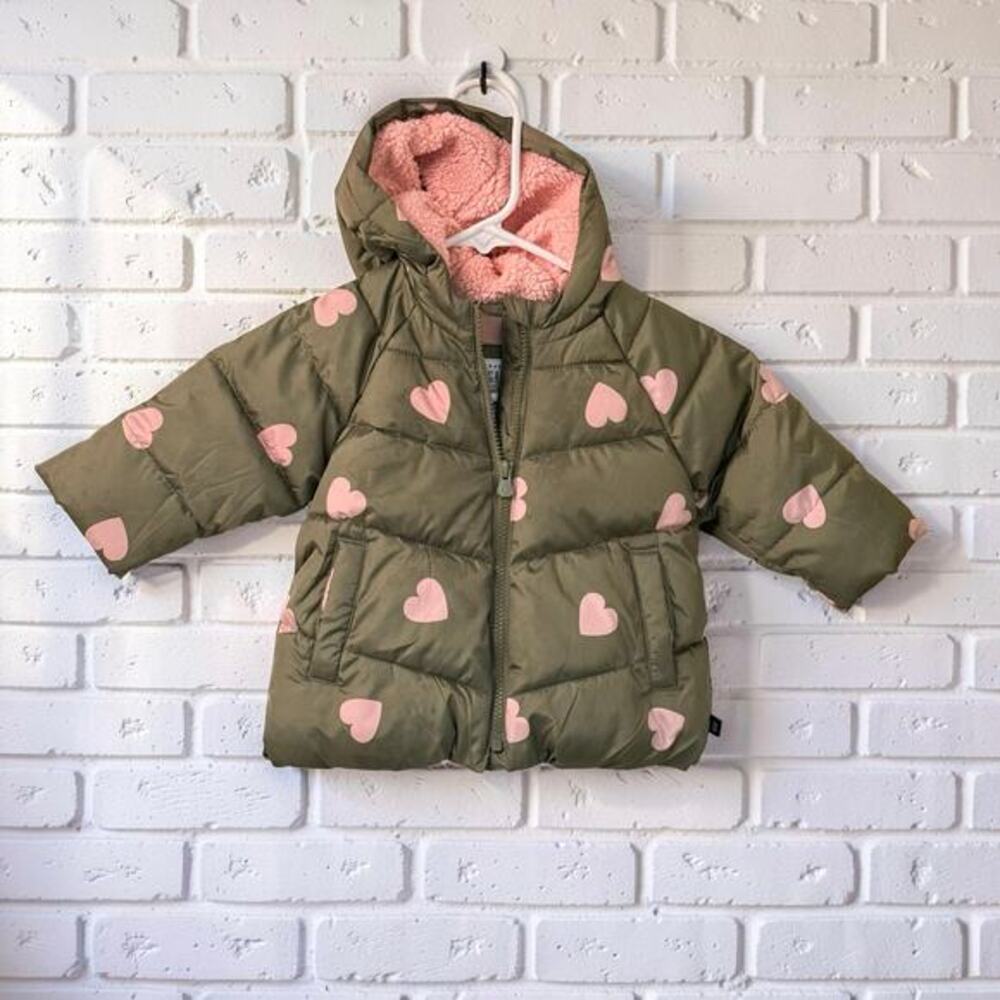 GAP Kids Girls 6-12M Olive Green Pink Heart Puffer Jacket‎ Sherpa Lined Coat